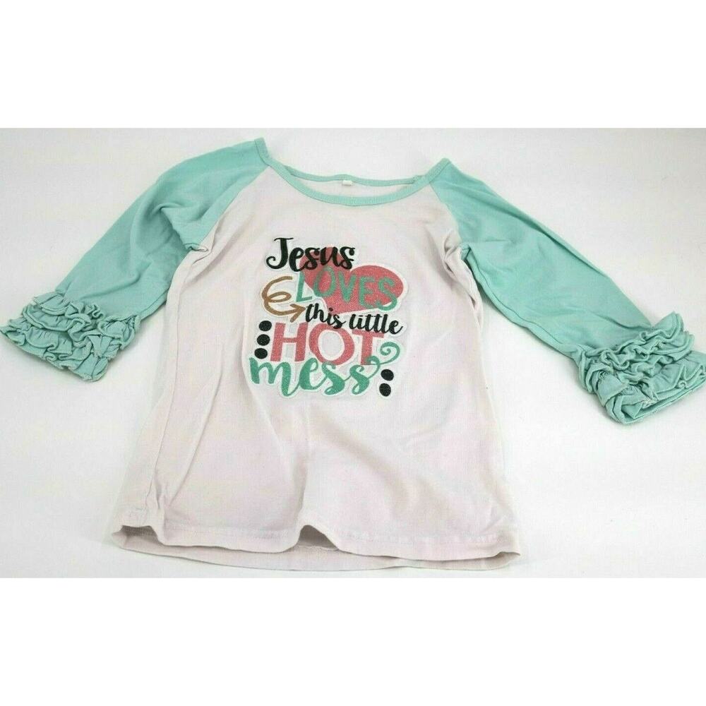 Unbranded Girls Shirt Long Sleeve Casual Ruffle Aqua White No Size/Brand Tag